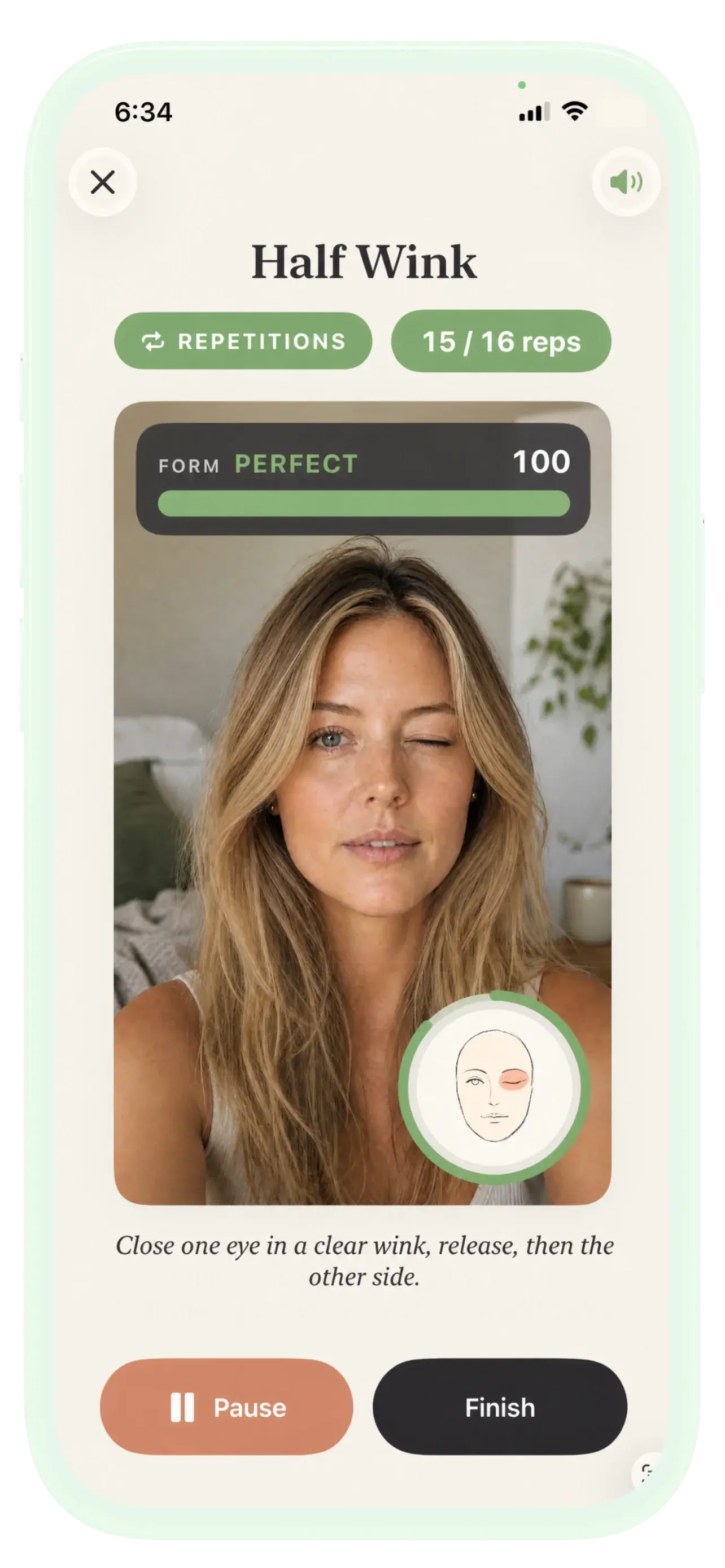 Lift-Era scoring a Half Wink pose in real time, form reads Perfect, 100